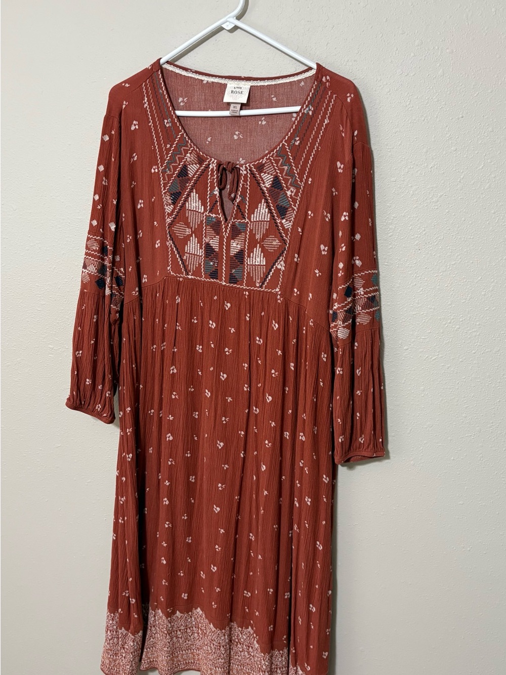 Knox Rose Rust Embroidered Boho Midi Dress